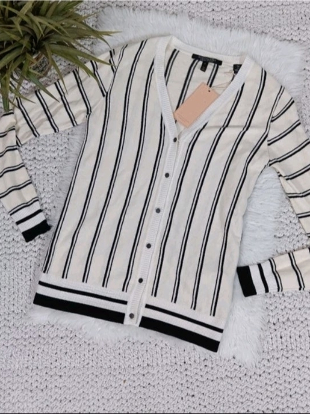 NWT Scotch & Soda Office Siren V-Neck Lightweight Black Striped Cardigan